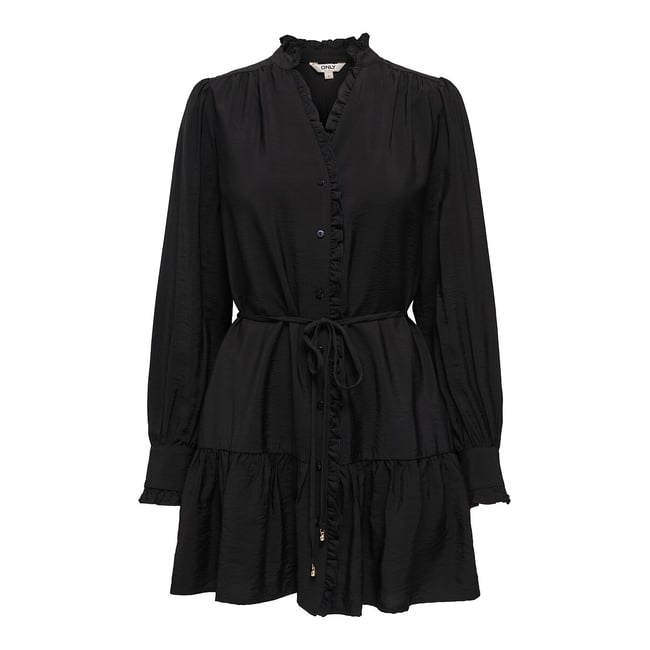Tie-Waist Mandarin Collar Mini Dress, black, ONLY