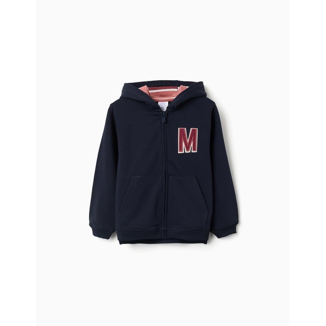 Sweat zippé en molleton à capuche avec M brodé bleu foncé <span itemprop=