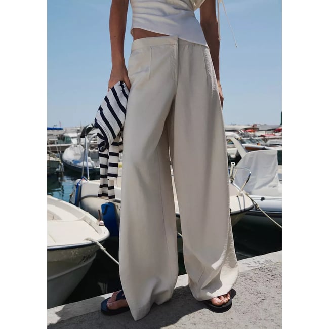 Pantalon large fluide à pinces beige <span itemprop=