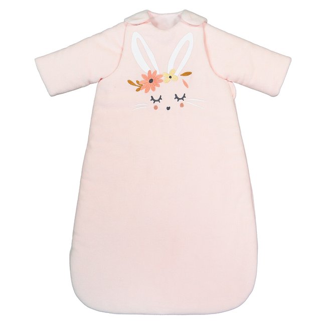 Gigoteuse manches amovibles velours, Lapin fleuri imprimé rose <span itemprop=