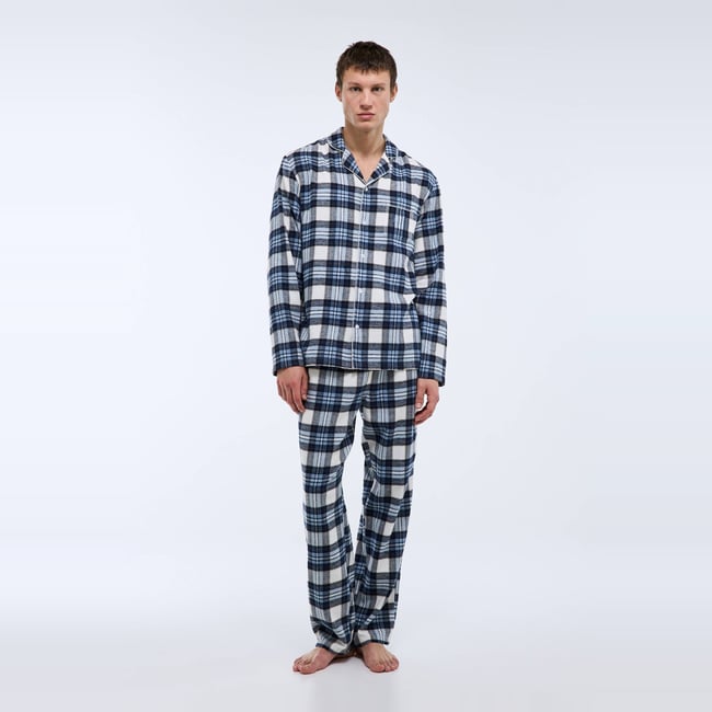Pyjama à carreaux manches longues et pantalon en flanelle, Bio marine <span itemprop=
