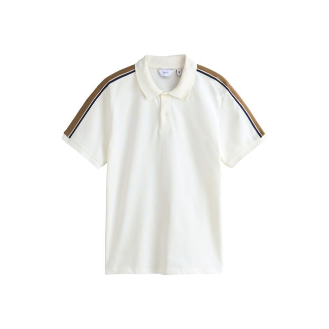 Polo maille piquée rayures épaule écru <span itemprop=