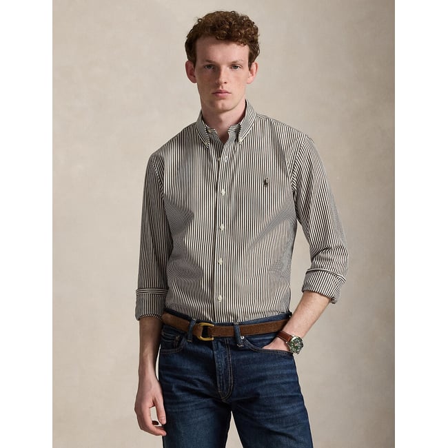 Chemise slim popeline rayures marron/blanc <span itemprop=