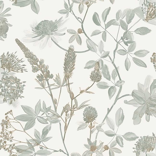 Papier peint floral botanique vert sauge fond blanc Couleur vert <span itemprop=