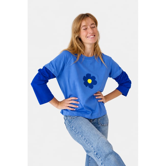 T-shirt court manches superposées ARIA bleu / jaune <span itemprop=