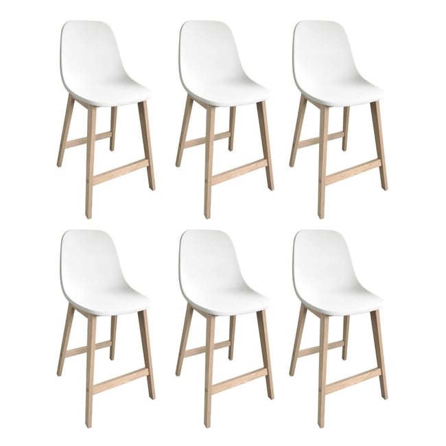 Lot de chaises d'ilot et bar en chêne avec assise plastique 65cm ELIOS | Lot de 6 Couleur blanc <span itemprop=