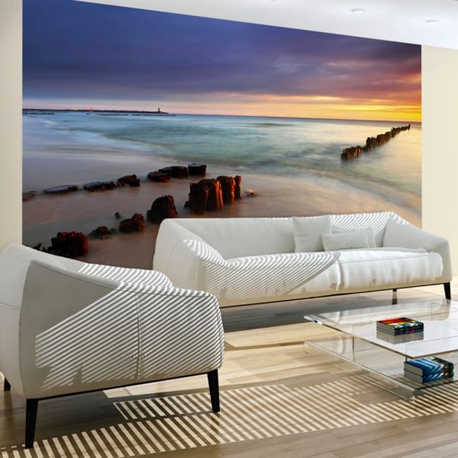 Papier peint intissé panoramique Paysage plage - lever de soleil Couleur bleu <span itemprop=