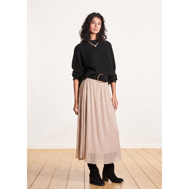 Jupe longue plissée à paillettes taille élastique doré <span itemprop=