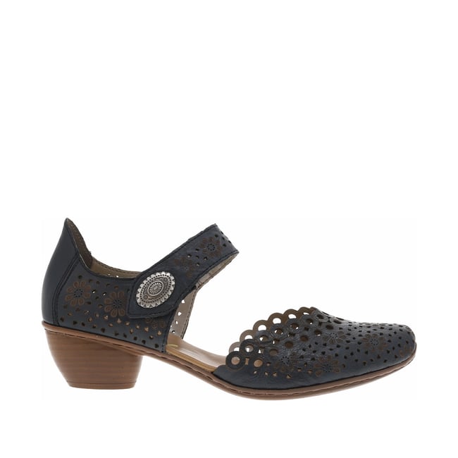 Escarpins en cuir bleu marine à talon bottier avec une bande auto-agrippante bleu marine <span itemprop=