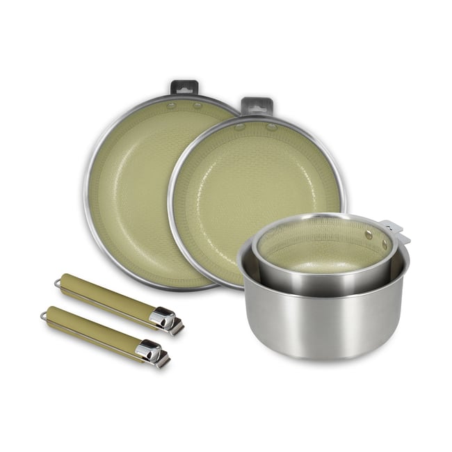 Batterie de cuisine 4 pièces en acier inoxydable avec 2 poignées, AGLAE inox-vert <span itemprop=
