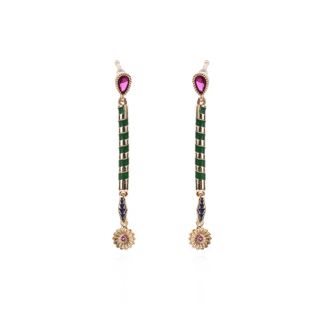 Boucles d'oreilles pendantes émail et perles VASILE vert <span itemprop=