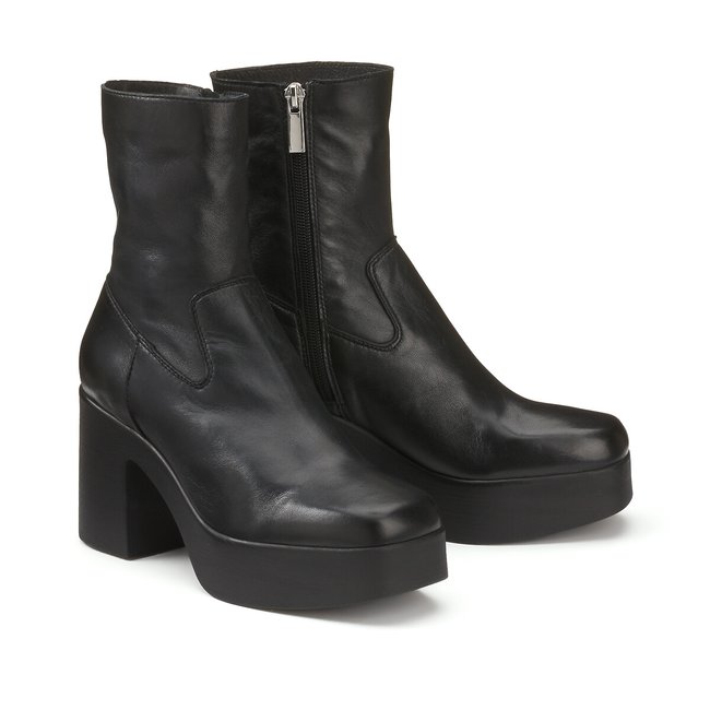 Bottines cuir à talon et plateforme noir <span itemprop=