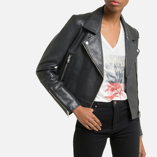 Blouson en cuir d'agneau noir <span itemprop=