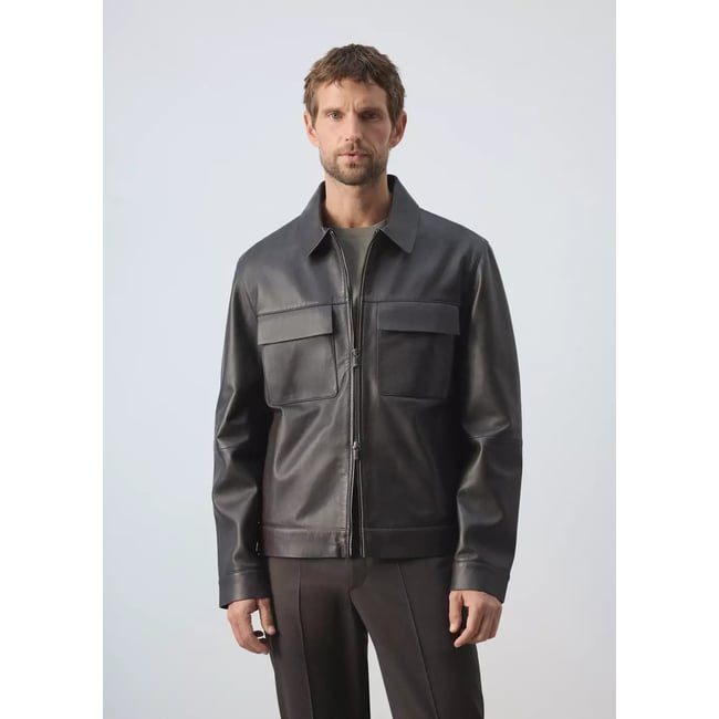 Blouson 100 % cuir poches chocolat <span itemprop=