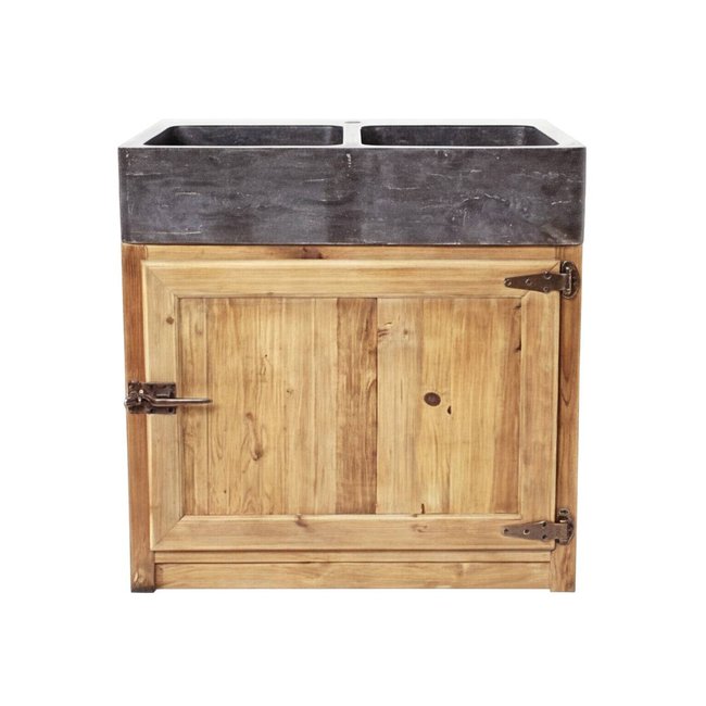 Meuble bas de cuisine en bois recyclé et pierre bleue CHAMPÊTRE Couleur bois clair <span itemprop=