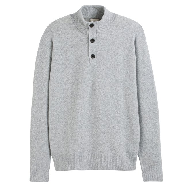 Wool Half Zip Jumper with Button Fastening, grey, CALVIN KLEIN