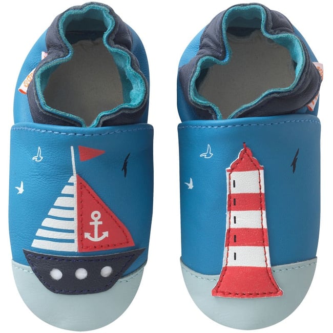 Chaussons bébé cuir souple Mathéo sur l'eau bleu <span itemprop=