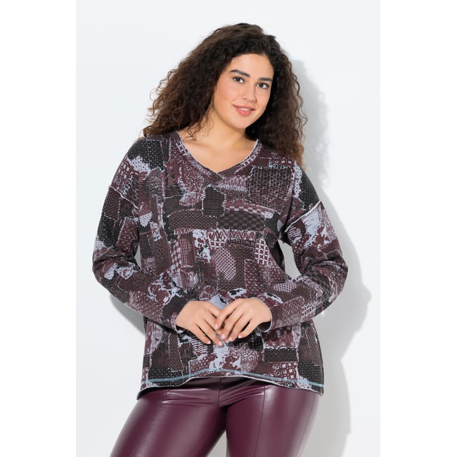 Sweat-shirt col en V et manches longues prune <span itemprop=