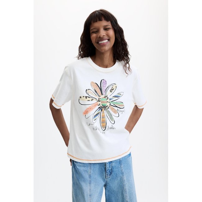 T-shirt à imprimé floral 100 % coton blanc <span itemprop=