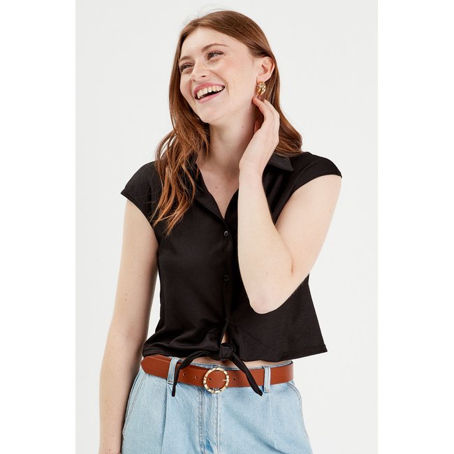 Blouse manches courtes nouée noir <span itemprop=