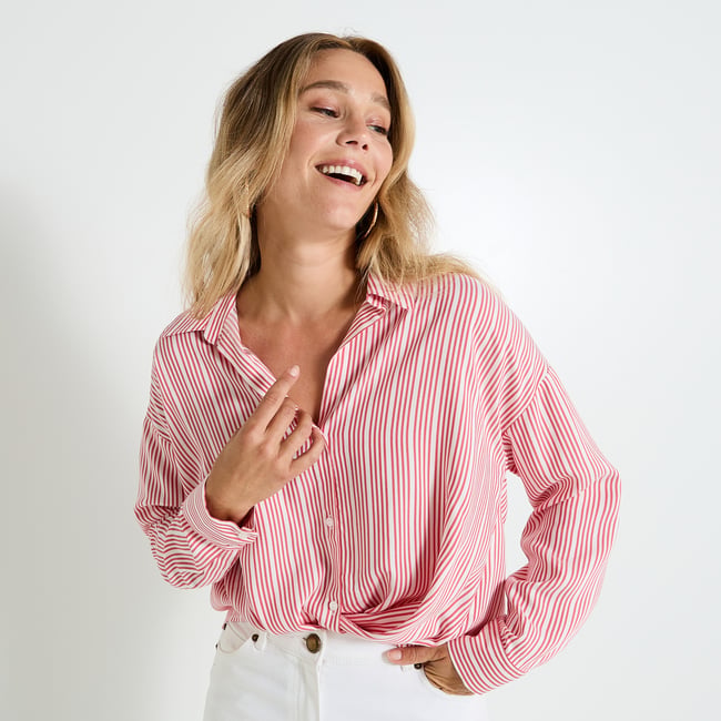 Chemise rayée fluide orange rouge <span itemprop=