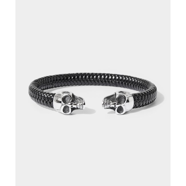 Bracelet Cuir Tissé Motif Crâne noir <span itemprop=