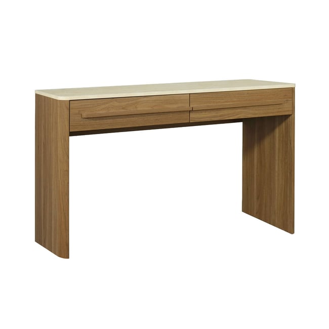 Console décor bois et effet travertin 2 tiroirs 120cm ARETHA Couleur noyer <span itemprop=