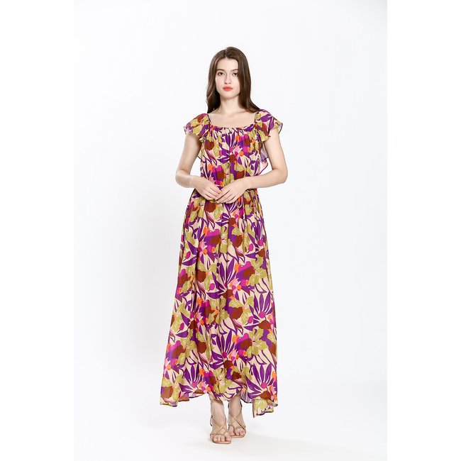 Vestido comprido e estampado, decote quadrado multicolor <span itemprop=