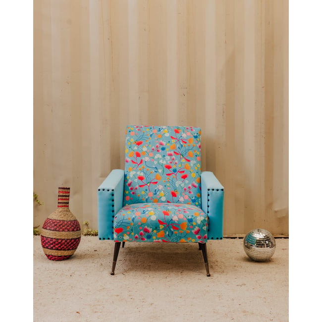 Fauteuil en tissu bleu à motifs Jakob N°1341 - Bon état Couleur bleu <span itemprop=