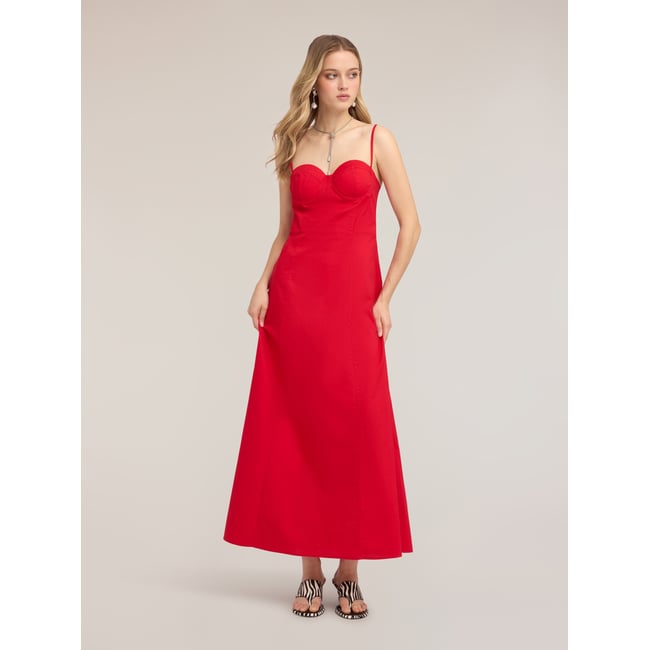Robe longue ligne A avec bustier rouge <span itemprop=