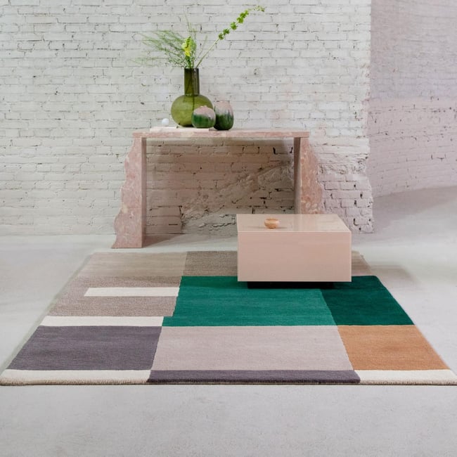 Tapis salon et chambre fait main en laine motif géométrique BASS Couleur beige, vert <span itemprop=