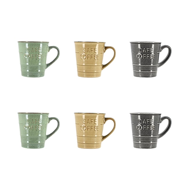 Lot de 6 mugs en grès 21cl, COFFEE TIME Couleur gris-taupe-vert <span itemprop=