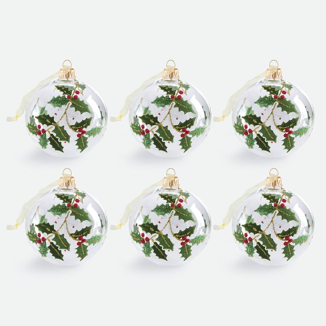 Lot de 6 boules de Noël, en verre, motif houx, CASPAR Couleur transparent <span itemprop=