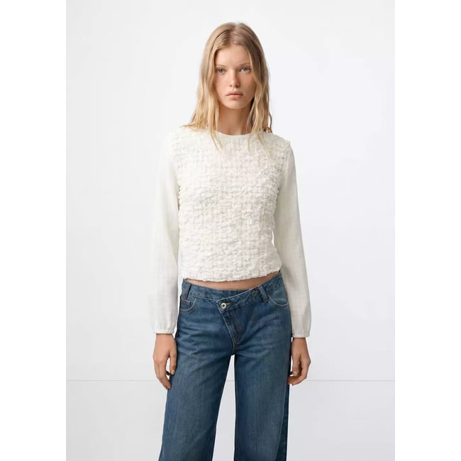Blouse texturée combinée blanc cassé <span itemprop=