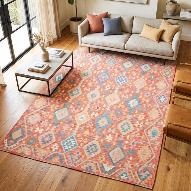 Tapis kilim, motif géométrique tissé plat en laine, KILIM 53 Couleur rouge, bleu, jaune <span itemprop=