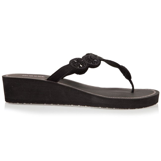 Tongs à talon 4 cm et détail perles noir <span itemprop=