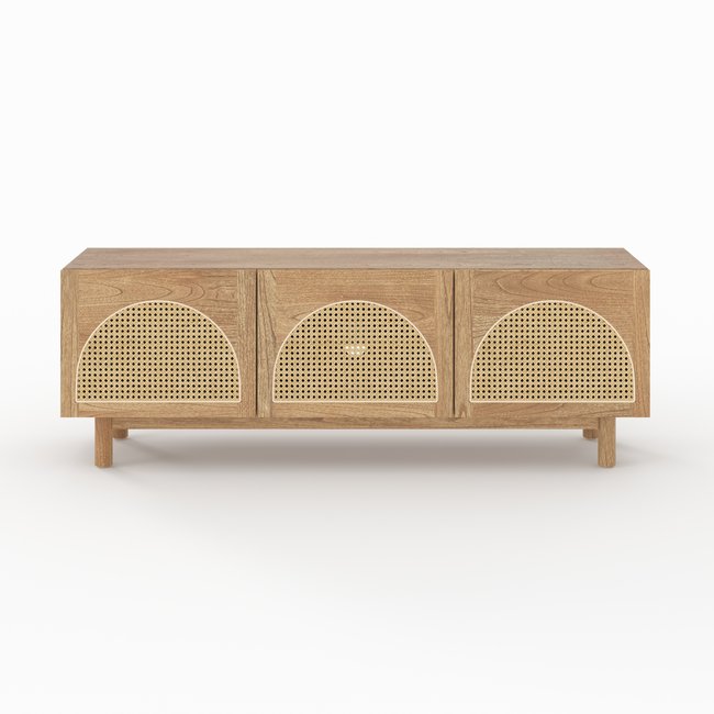 Meuble TV en bois massif de mindi et rotin 160 cm - DELYA Couleur marron <span itemprop=