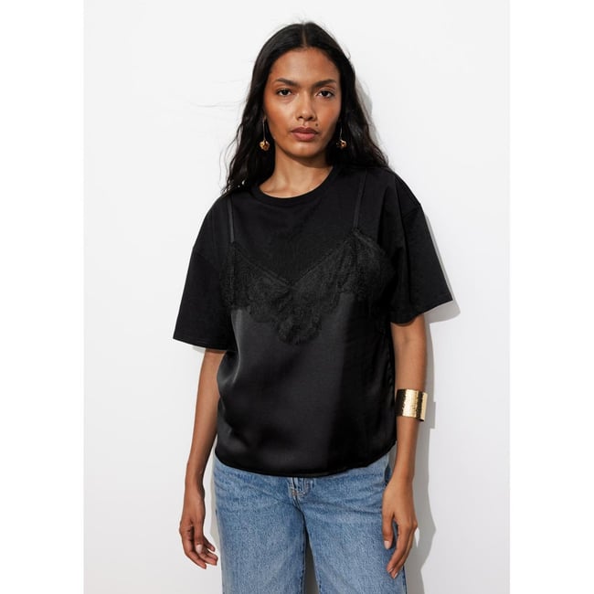 T-shirt et top effet superposé noir <span itemprop=