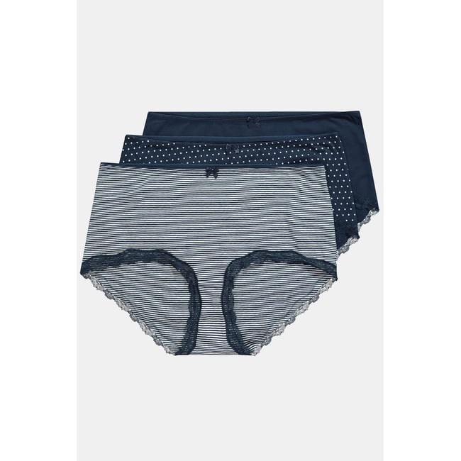 Lot de 3 culottes hipster, rayures/pois/uni bleu nuit <span itemprop=