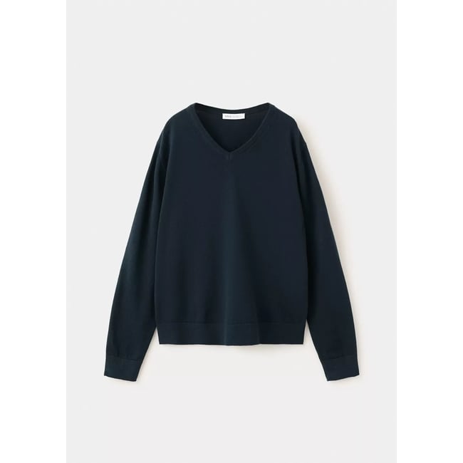 Pull-over maille fine col V bleu marine <span itemprop=