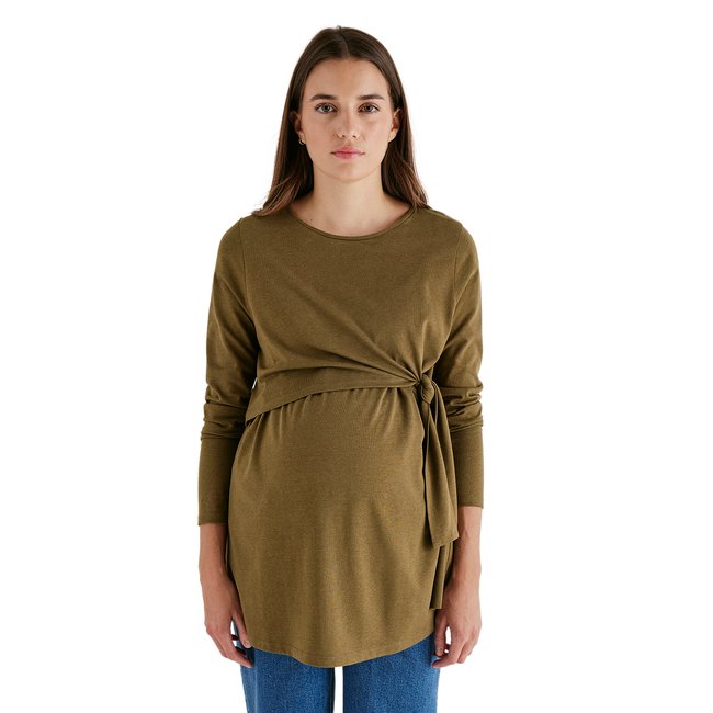 Tee-shirt long à noeud grossesse et allaitement olive <span itemprop=
