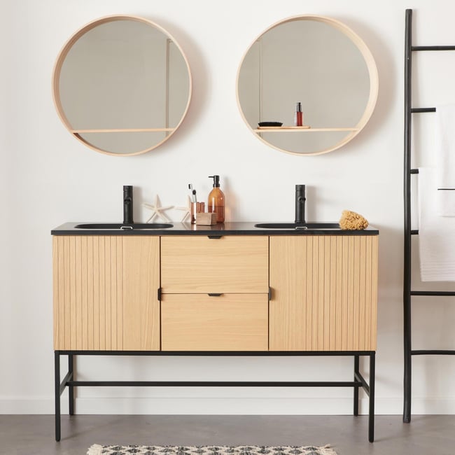Meuble double vasque sur pieds chêne STUDIO Couleur bois <span itemprop=