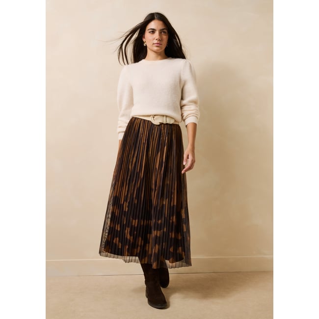 Jupe longue en voile plissé à imprimé animalier marron <span itemprop=
