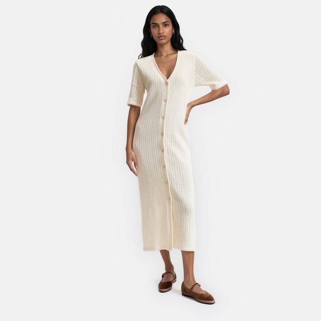 Pointelle Knit Short Sleeve Maxi Dress, ecru , LA REDOUTE COLLECTIONS