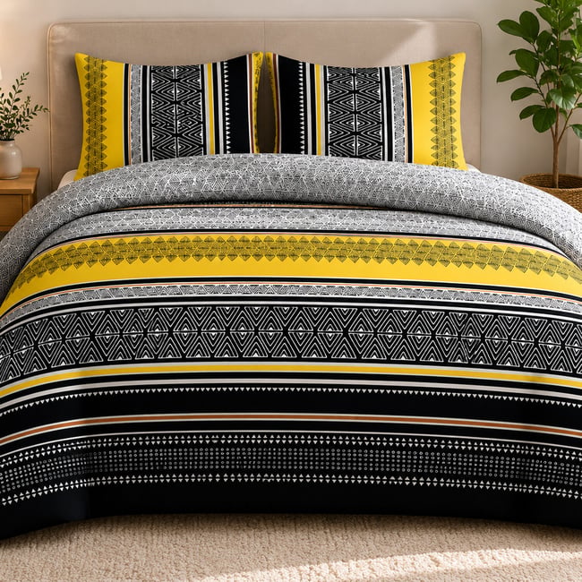 Parure housse de couette imprimée + taie(s) en coton, Formas Yellow gris <span itemprop=