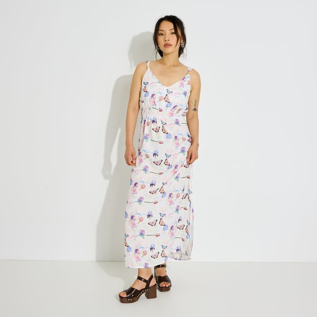 Robe longue fluide imprimée à bretelles blanc cassé ecru <span itemprop=