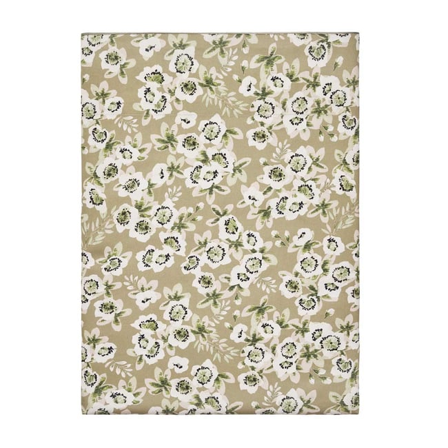 Drap plat imprimé en satin de coton bio, BLOSSOM beige lune <span itemprop=