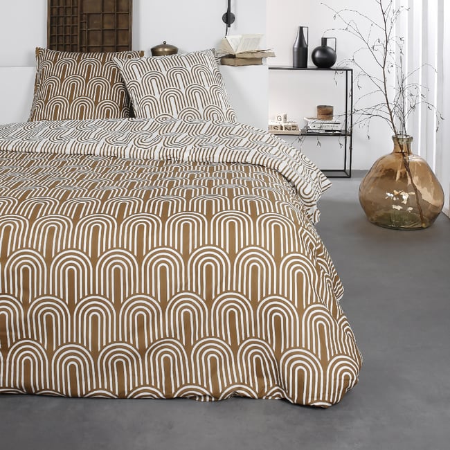 Parure de lit 2 personnes imprimé géométrique coton SUNSHINE CAREL marron <span itemprop=