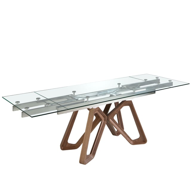 Table à manger à rallonge rectangulaire verre trempé et noyer Couleur noyer | verre | acier <span itemprop=