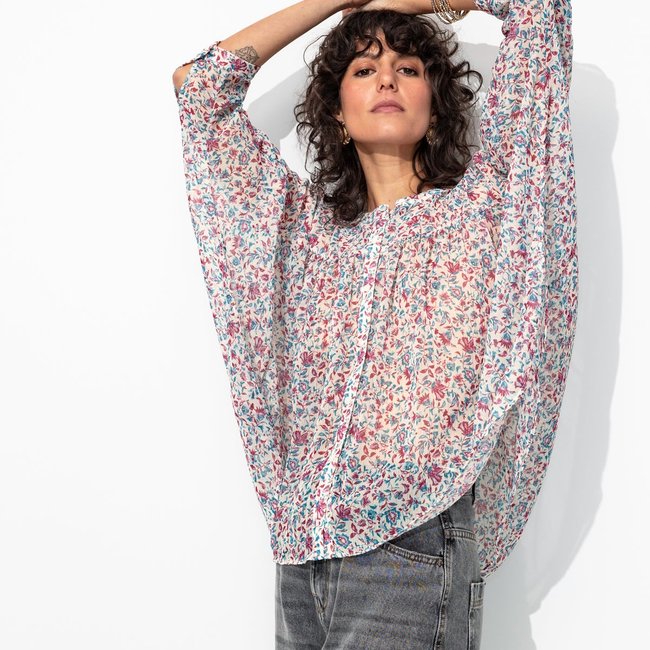 Chemise oversize en voile imprimé écru <span itemprop=